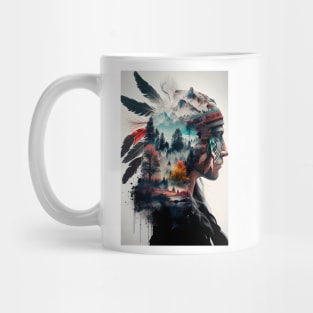 Native American Double Exposure Watercolor Painting Mug